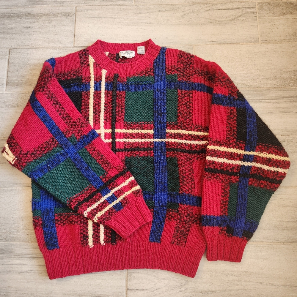 Vintage 80s Bill Ditfort sweater men's M red blue plaid hand knitted wool mohair